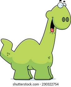 A cartoon illustration of a Apatosaurus dinosaur looking hungry.