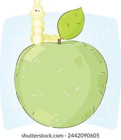 Cartoon Illustration of an Apple with Caterpillar on Light Blue  Background. Vector Illustration.