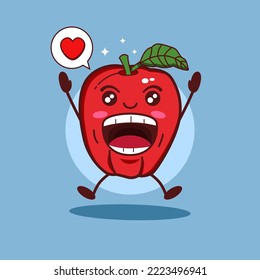 Cartoon illustration of apple mascot design with Falling in love expression on blue background