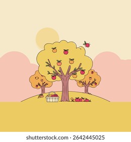 Cartoon illustration of an apple orchard with trees bearing fruit, a basket of apples, and a warm, inviting color palette.
