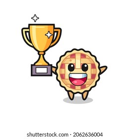 Cartoon Illustration of apple pie is happy holding up the golden trophy , cute style design for t shirt, sticker, logo element