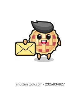 cartoon illustration of apple pie holding a yellow letter , cute style design for t shirt, sticker, logo element