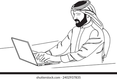 Cartoon illustration of Arab man character at office work, Muslim man in business concept using laptop sketch, Muslim employee working