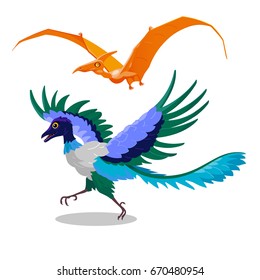 Cartoon illustration of Archaeopteryx and Pterodactyl. Flying dinosaurs: dragon bird of the Jurassic period. Comical decorative orange color pterodactyl and blue archaeopteryx. Isolated vector dragons