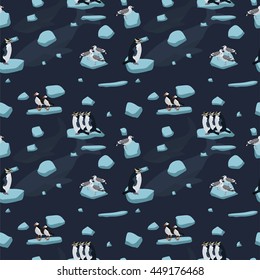 cartoon illustration with arctic birds and whale, seamless pattern