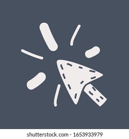 Cartoon illustration of arrow cursor on dark background. Hand drawn icon.