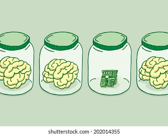 Cartoon illustration of artificial intelligence besides brains in jars