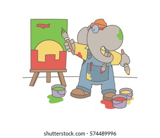 cartoon illustration, artist elephant draws a picture, art, color, brush