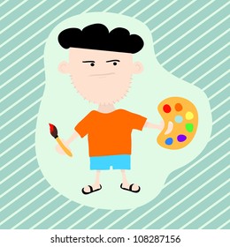 Cartoon illustration with an artist, holding brush and palette, vector