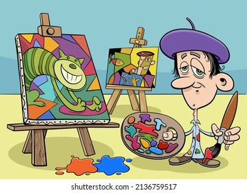 Cartoon illustration of artist painter character in his studio