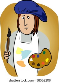 Cartoon Illustration Of An Artist Wearing A Smock