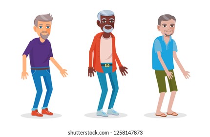 Cartoon illustration of asian, african and european men in senior age. Clipart with isolated older people character on white background