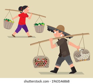 Cartoon illustration of asian people  carry a bamboo pole to lug loads up in the old times.