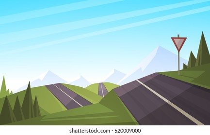 Cartoon illustration of the asphalt road over mountain.