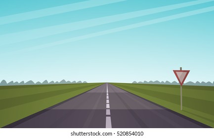 Cartoon illustration of the asphalt road over the field.