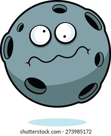 Cartoon illustration of an asteroid with a dizzy expression. 
