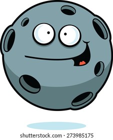 Cartoon illustration of an asteroid with a happy expression. 