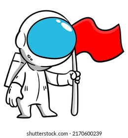 Cartoon illustration of Astronaut discovery a new planets and tagging with country flag, best for sticker, mascot, and logo with extraterrestrial themes