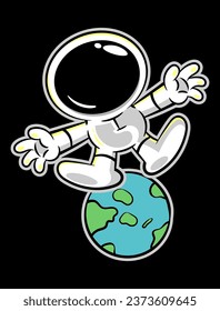 Cartoon illustration of Astronaut floating at the outer space with planet earth views behind. Best for sticker, logo, and mascot with science themes for kids