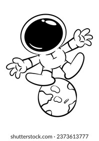 Cartoon illustration of Astronaut floating at the outer space with planet earth views behind. Best for outline, logo, and coloring book with science themes for kids