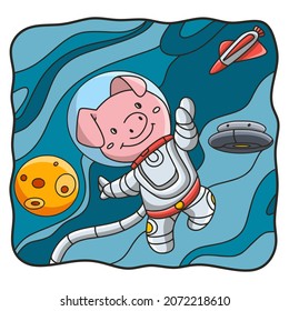 cartoon illustration astronaut pig in the space