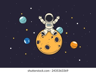 Ilustración de dibujos animados de un astronauta sentado en la luna, rodeado de planetas y estrellas. el espíritu aventurero de la exploración espacial, con el astronauta mirando el cosmos.