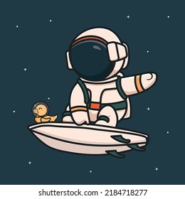 Cartoon illustration of astronaut surfing in space with a little duck