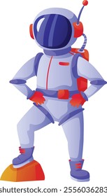 Cartoon illustration of astronaut wearing spacesuit with oxygen backpack standing on mars surface posing with hands on hips, showing confidence and determination in space exploration