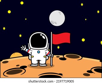 Cartoon illustration of Astronauts discovery a New Planet and tagging with a country flag, best for sticker, logo, and mascot with space themes