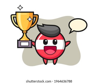 Cartoon illustration of austria flag badge is happy holding up the golden trophy, cute style design for t shirt, sticker, logo element