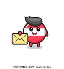 cartoon illustration of austria flag badge holding a yellow letter , cute style design for t shirt, sticker, logo element