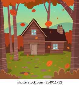 Cartoon Illustration Of The Autumn Forest Landscape With Wooden Cabin.