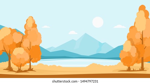 Cartoon illustration of autumn landscape with lake and mountains in the background