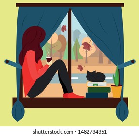 Cartoon illustration "Autumn window". Girl or woman with cup of coffee. Books and cat. Cozy autumn landscape. Poster, banner, postcard, web. Vector EPS 10