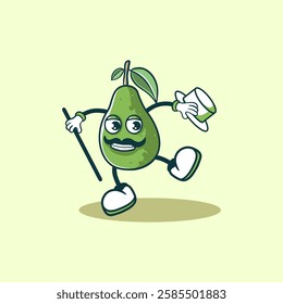 A cartoon illustration of an avocado dressed as a sophisticated gentleman, carrying a cane and hat.