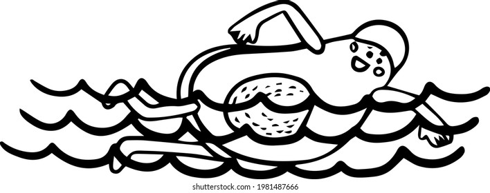 Cartoon illustration of an avocado floating in the sea on a white background for holiday decoration. Flat vector illustration for coloring pages. Summer tropical leaf.