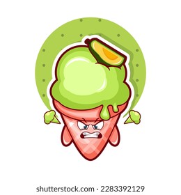 Cartoon illustration of avocado ice cream with angry face