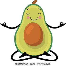 Cartoon illustration with avocado in the lotus position on a white background for holiday decoration. Flat vector illustration. Summer tropical leaf.