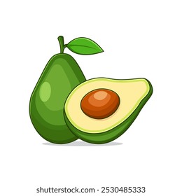 cartoon illustration of avocado slices fruits in flat design. clip art fresh fruit avocado isolated white background