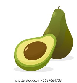 cartoon illustration of avocado slices fruits in flat design. clip art fresh fruit avocado isolated white background