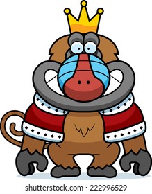 A cartoon illustration of a baboon king with a crown and robes.