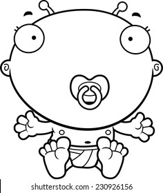 A cartoon illustration of a baby alien with a pacifier.