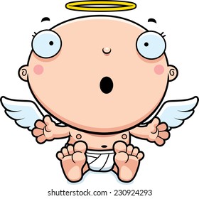A cartoon illustration of a baby angel looking surprised.