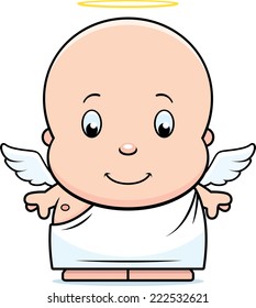 A cartoon illustration of a baby angel with wings and a halo.
