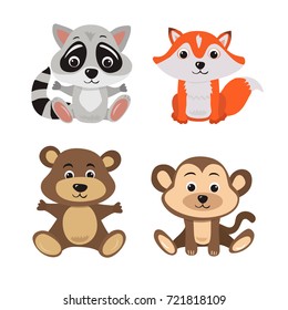 Cartoon illustration of  baby animals raccoon, fox, bear and monkey.