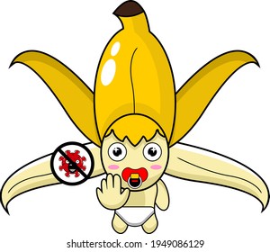 cartoon illustration of baby banana character peel stoping virus