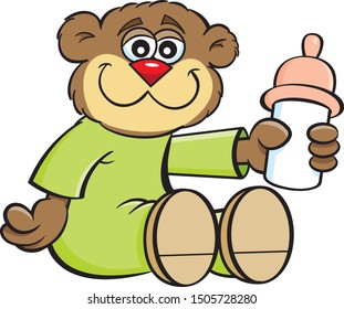 Cartoon illustration of a baby bear holding a baby bottle.