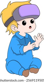 A cartoon illustration of a baby with blonde hair wearing a purple virtual reality headset and blue pajamas