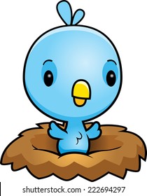 A cartoon illustration of a baby blue bird in a nest.