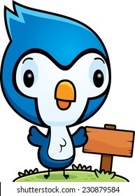 A Cartoon Illustration Of A Baby Blue Jay With A Wooden Sign Post.